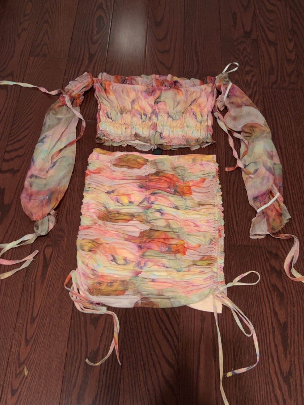 Sheer Ruched Two-Piece Top in Pastel Watercolor - Women